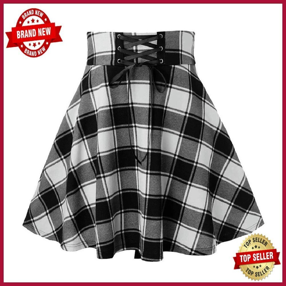 High Waist Lace Up Plaid Mini Skirt A-Line Flared Summer Fashion